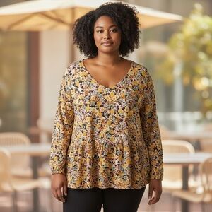 Cato Floral V-Neck Blouse in Yellow and Black